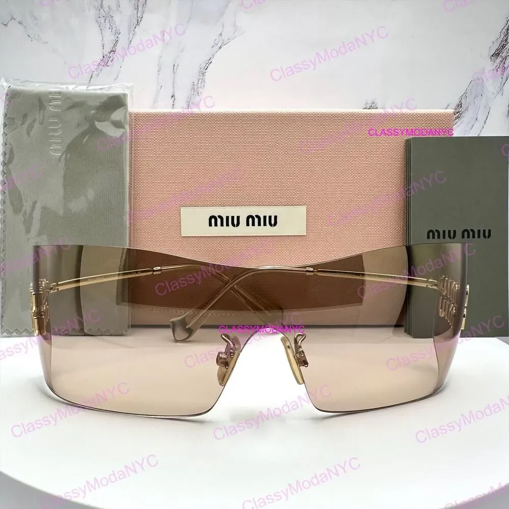 New MIU MIU Aube Sunglasses Gold Light Brown Mirror Bronze Rimless Wrap Womens